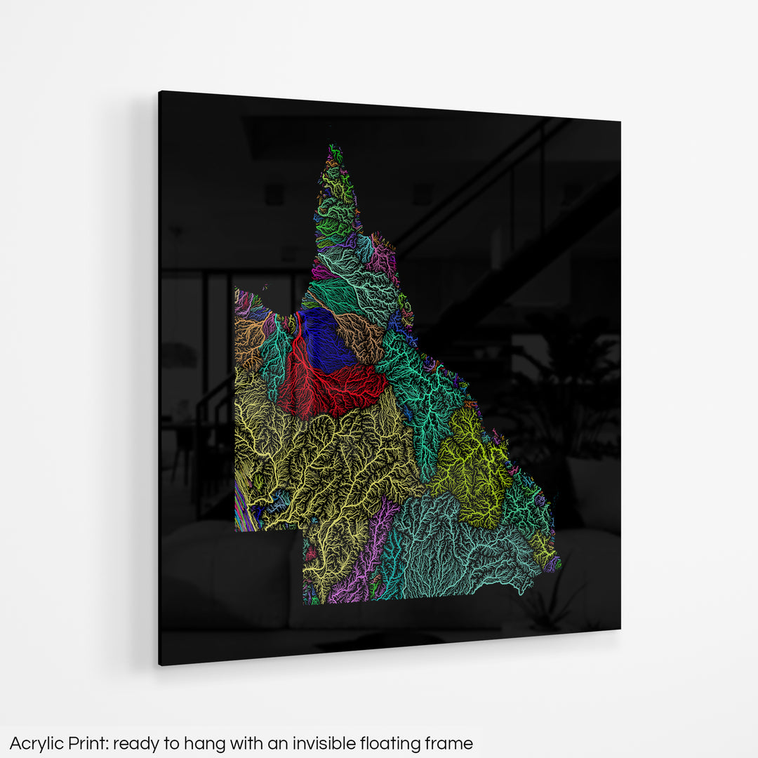 Queensland - River basin map, rainbow colours - Wall Art