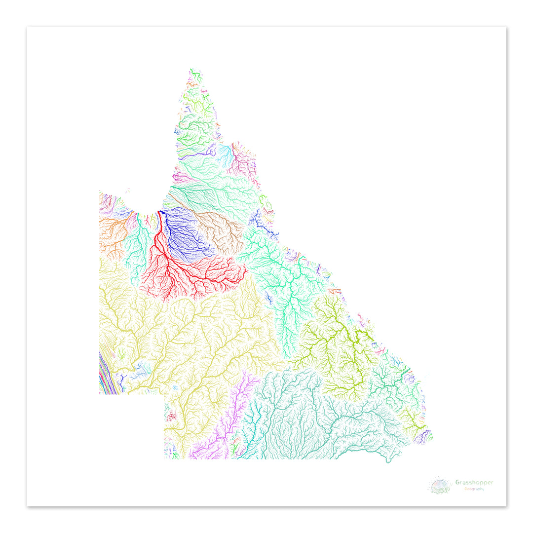 Queensland - Mapa de la cuenca fluvial, arco iris sobre blanco - Impresión de bellas artes