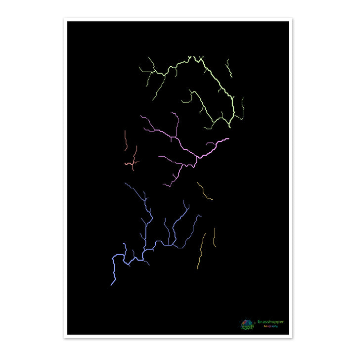 Rhode Island - Mapa de la cuenca fluvial, pastel sobre negro - Impresión de bellas artes
