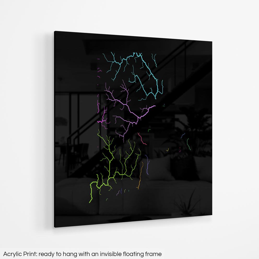 Rhode Island - River basin map, rainbow colours - Wall Art