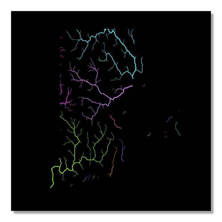 Rhode Island - River basin map, rainbow colours - Wall Art