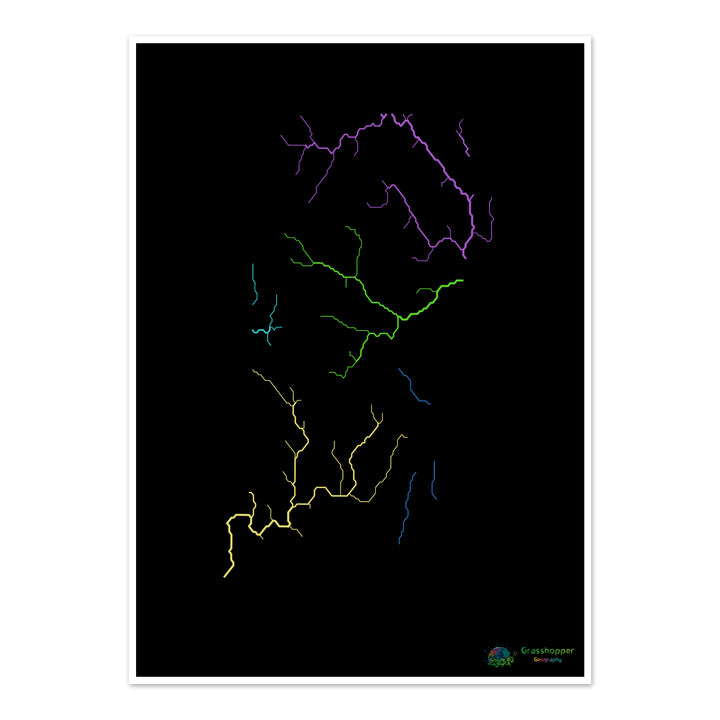 Rhode Island - River basin map, rainbow on black - Fine Art Print