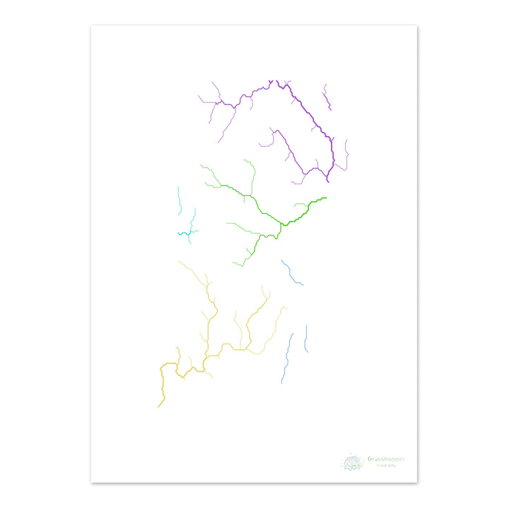 Rhode Island - River basin map, rainbow on white - Fine Art Print