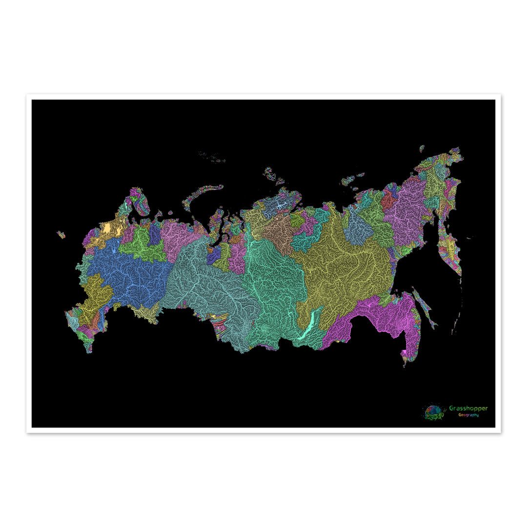 River basin map of Russia, pastel colours on black - Fine Art Print