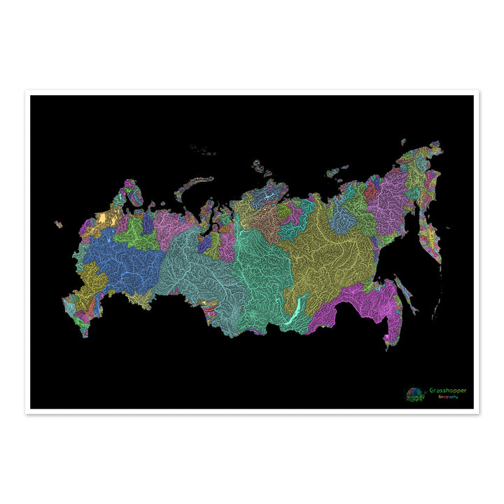 Russie - Carte des bassins fluviaux, pastel sur noir - Fine Art Print
