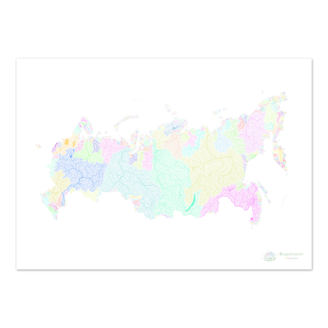 Rusia - Mapa de la cuenca hidrográfica, pastel sobre blanco - Impresión de Bellas Artes