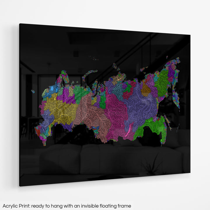 Russia - River basin map, rainbow colours - Wall Art