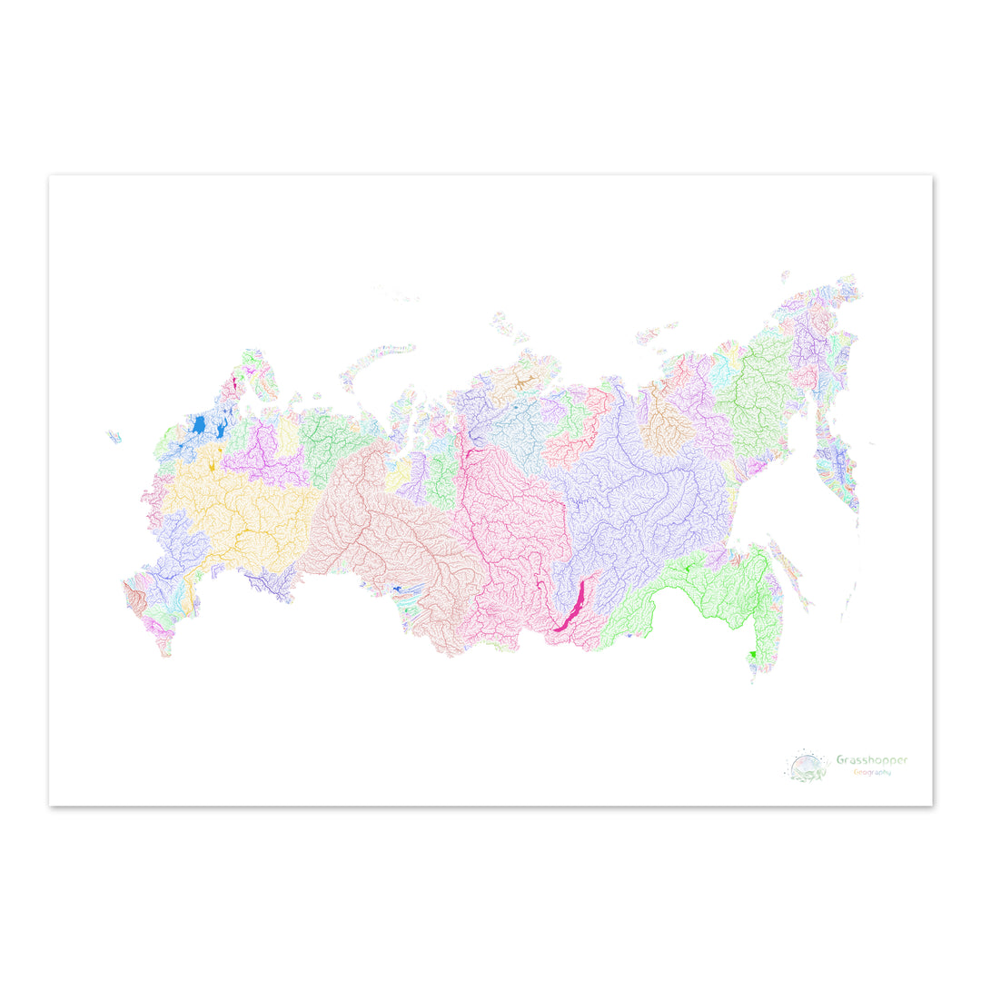 Rusia - Mapa de cuencas fluviales, arco iris sobre blanco - Impresión de Bellas Artes