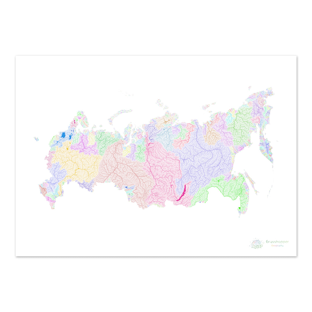 Russia - River basin map, rainbow on white - Fine Art Print