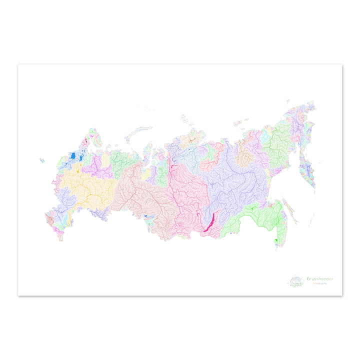 Russia - River basin map, rainbow on white - Fine Art Print