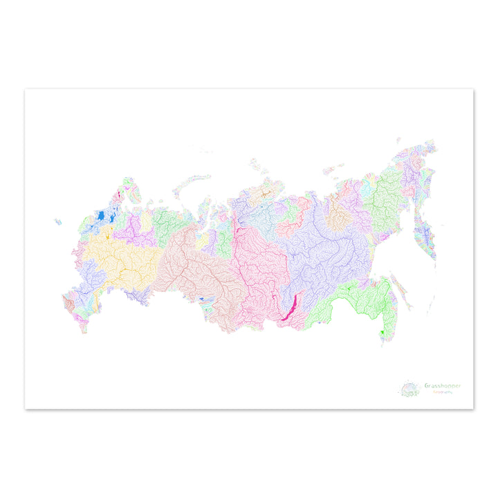 Russie - Carte des bassins fluviaux, arc-en-ciel sur blanc - Fine Art Print