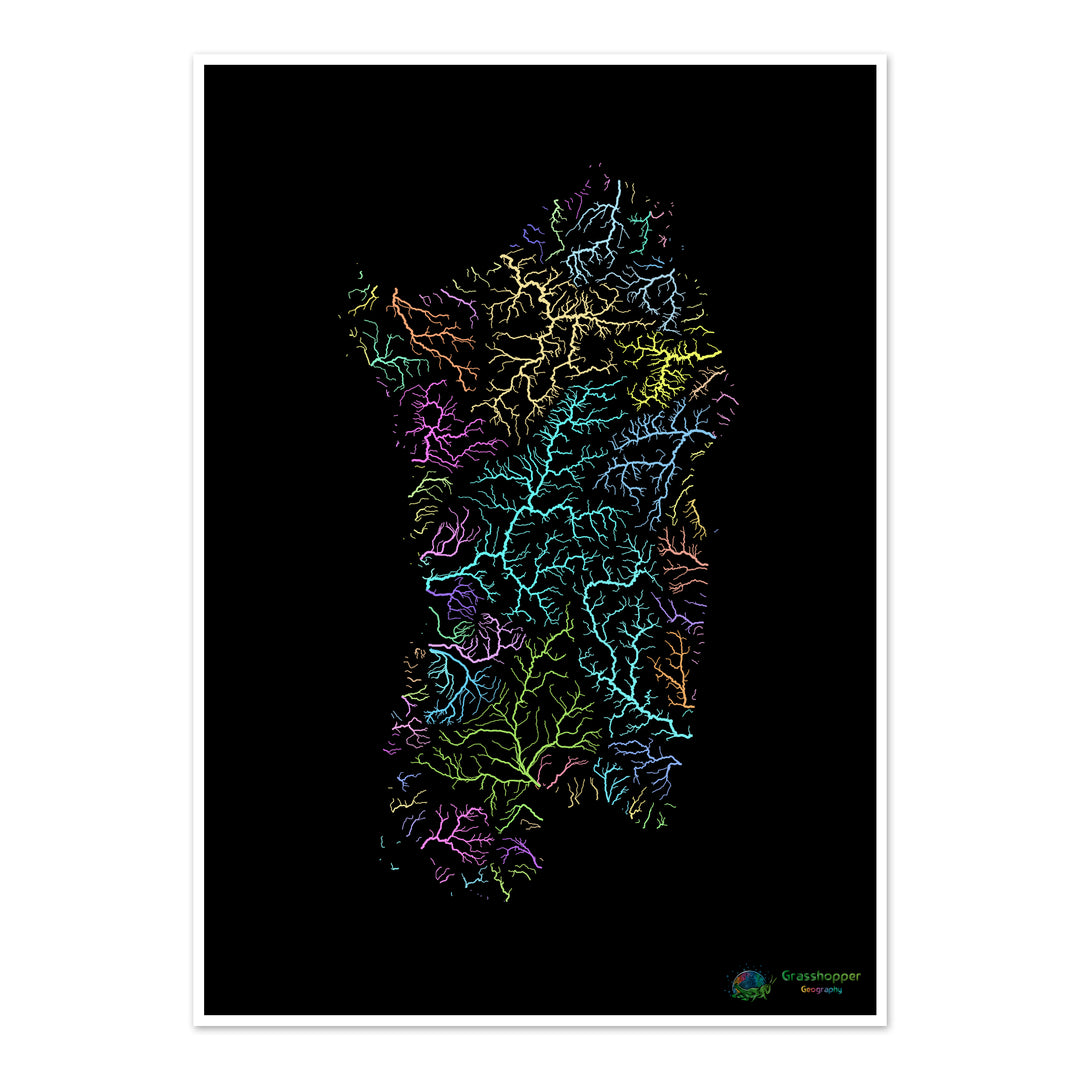Sardaigne - Carte des bassins fluviaux, pastel sur noir - Fine Art Print