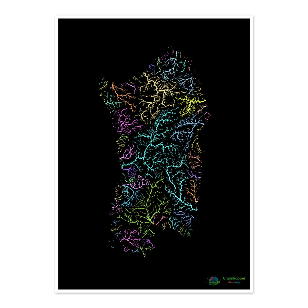 Cerdeña - Mapa de la cuenca hidrográfica, pastel sobre negro - Impresión de Bellas Artes