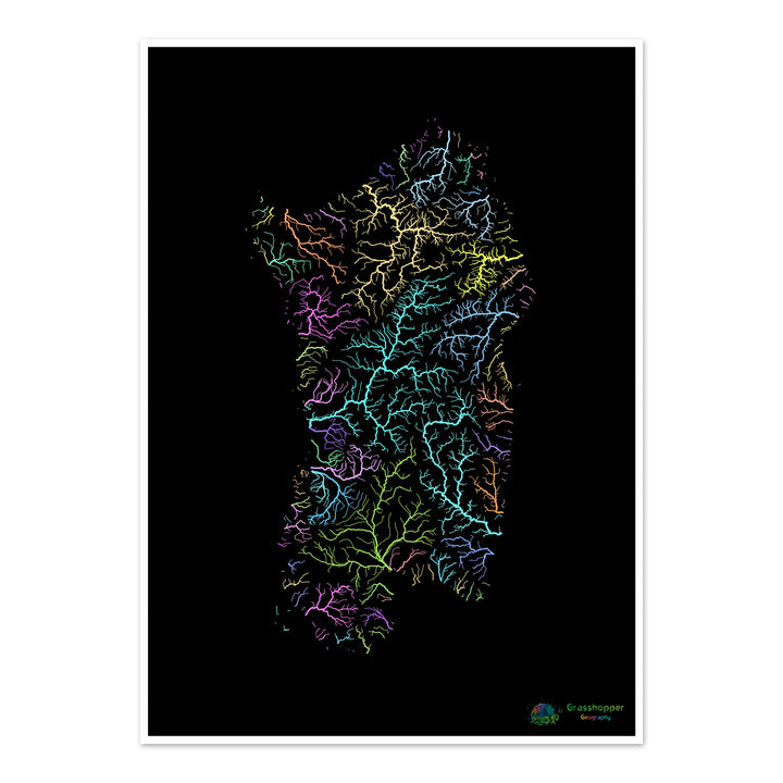 Sardenha - Mapa da bacia hidrográfica, pastel sobre preto - Impressão de belas artes
