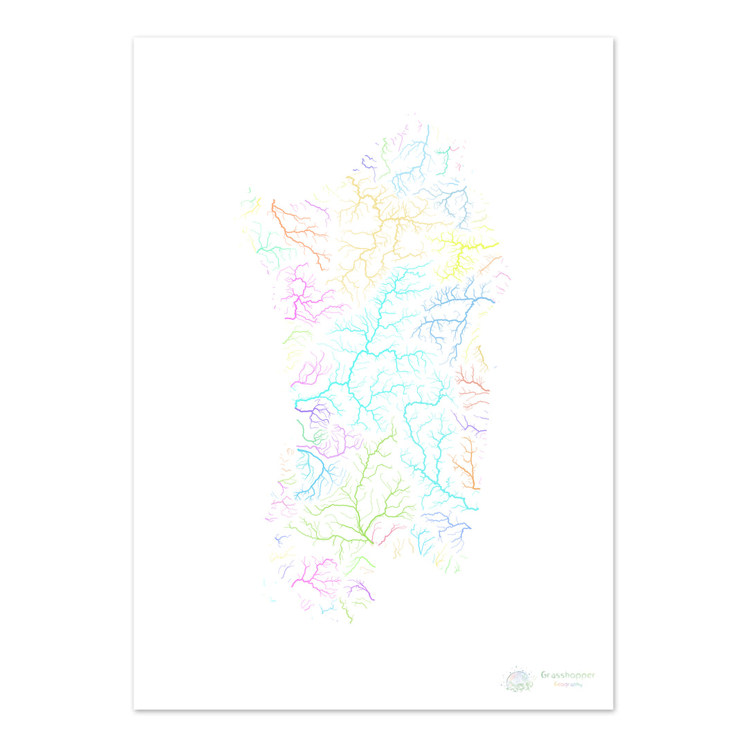 Sardaigne - Carte des bassins fluviaux, pastel sur blanc - Fine Art Print