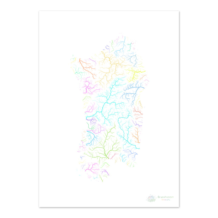 Sardenha - Mapa da bacia hidrográfica, pastel sobre branco - Impressão de belas artes