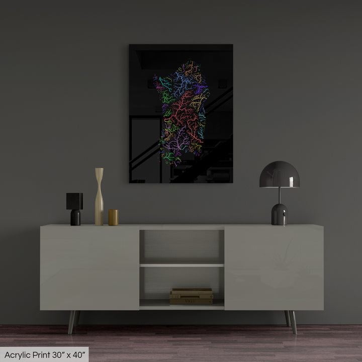 Sardinia - River basin map, rainbow colours - Wall Art