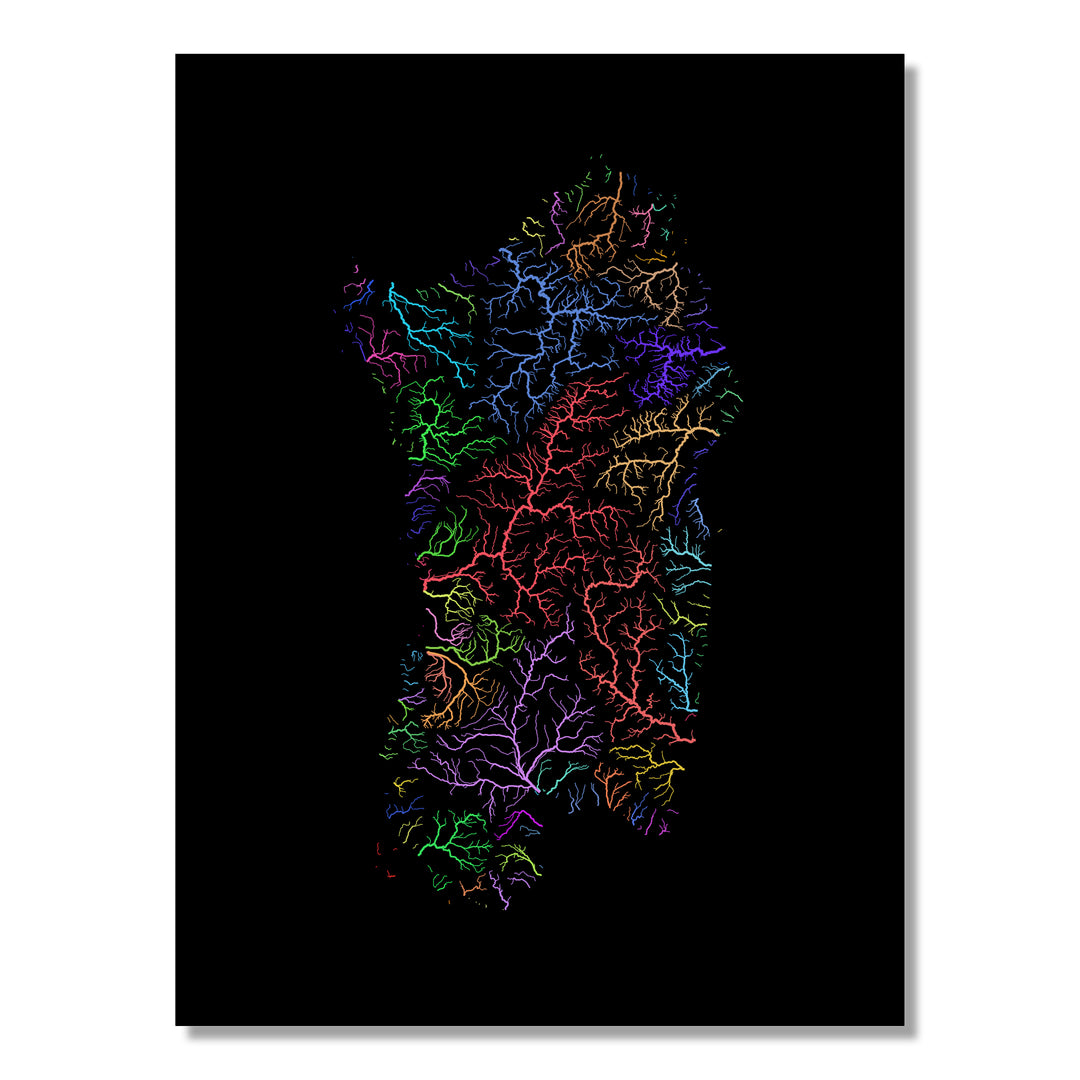 Sardinia - River basin map, rainbow colours - Wall Art