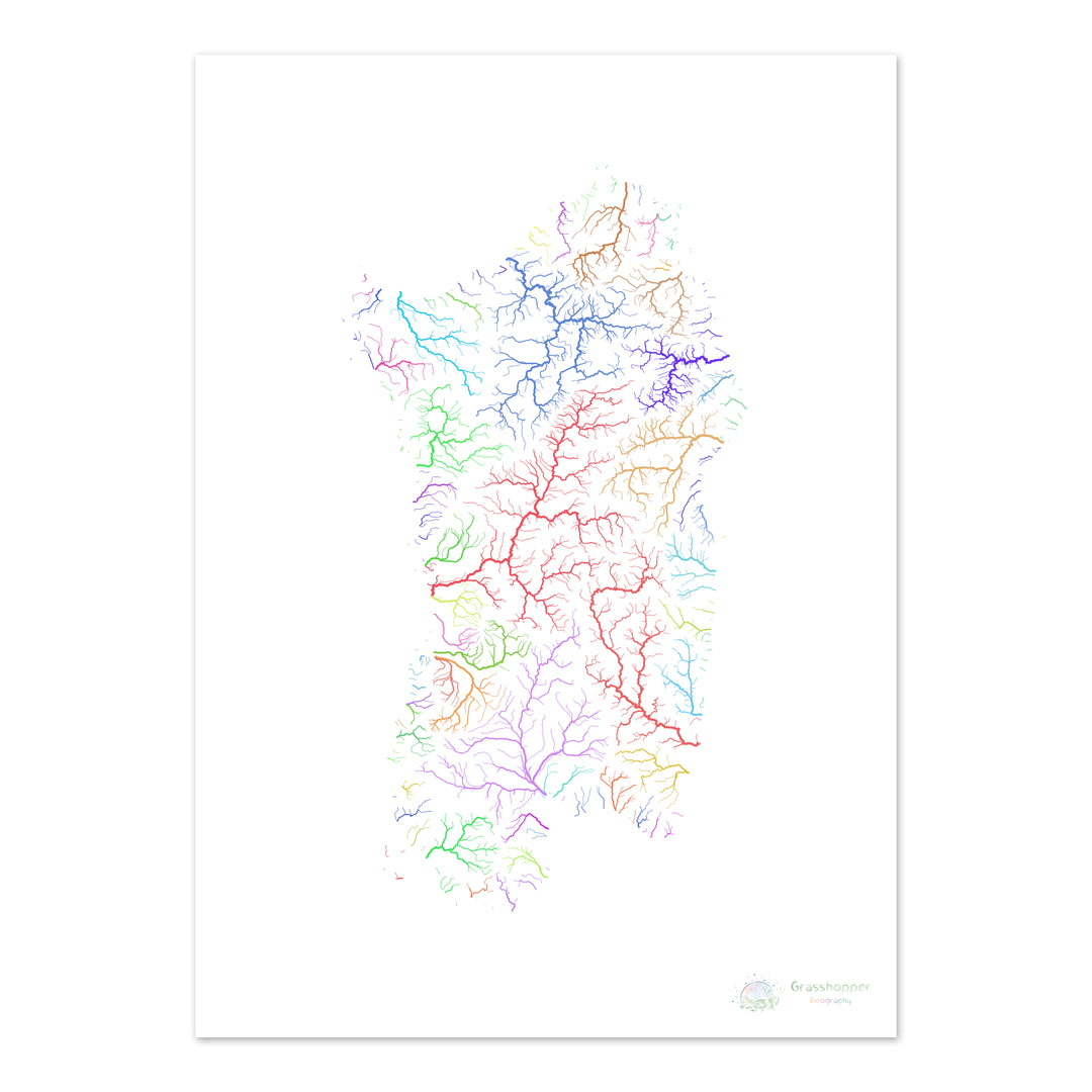 Cerdeña - Mapa de cuencas fluviales, arco iris sobre blanco - Impresión de Bellas Artes
