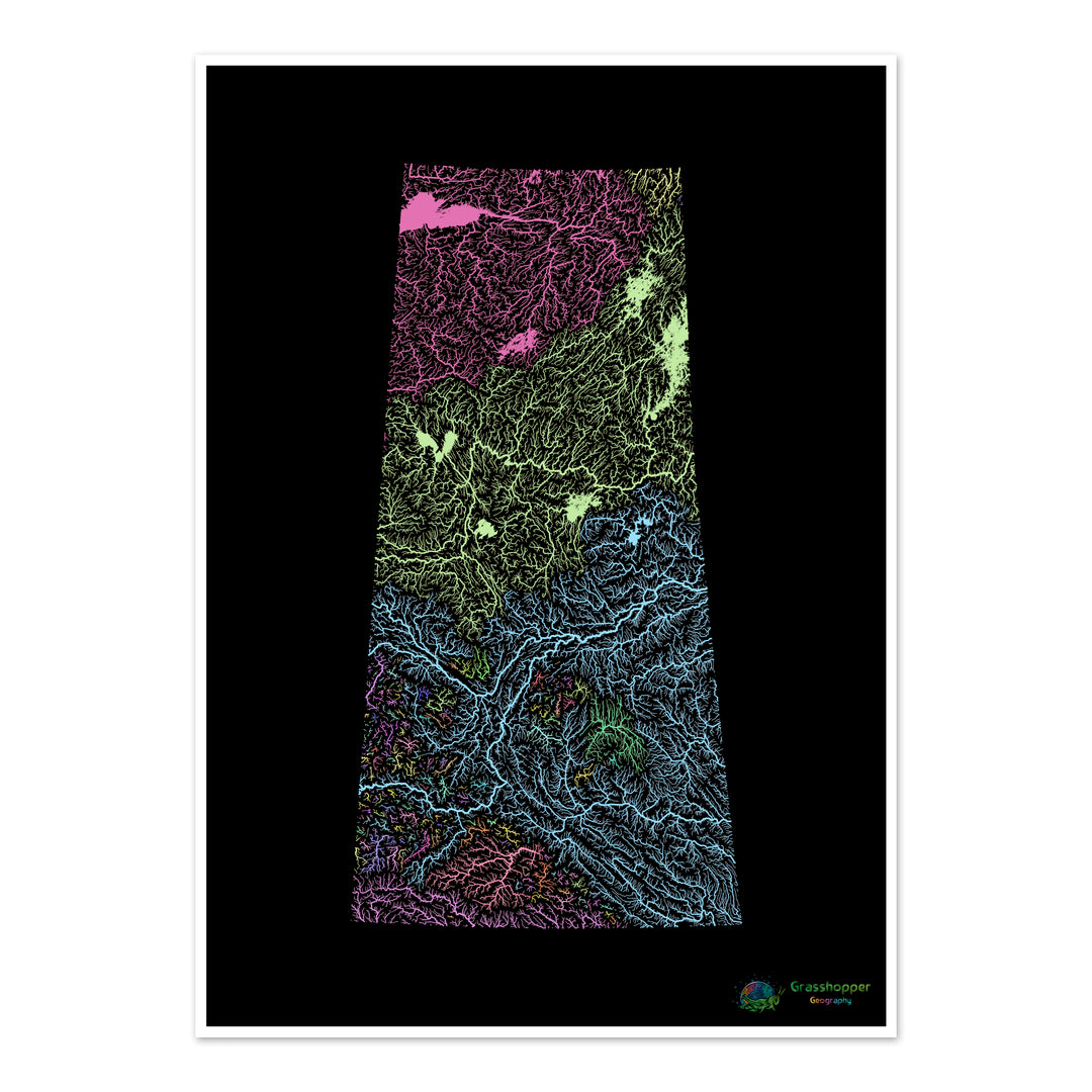 Saskatchewan - Mapa de la cuenca del río, pastel sobre negro - Impresión de Bellas Artes