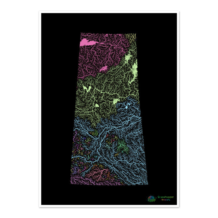 Saskatchewan - Mapa de la cuenca del río, pastel sobre negro - Impresión de Bellas Artes