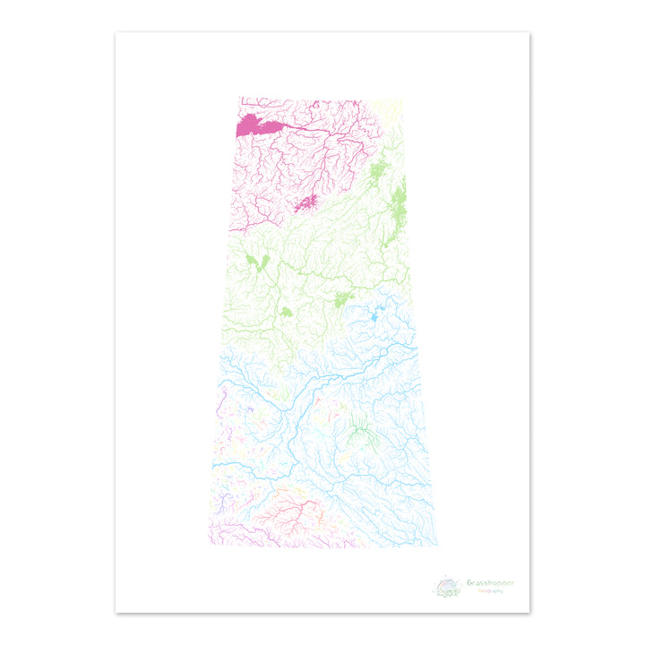 River basin map of Saskatchewan, pastel colours on white - Fine Art Print