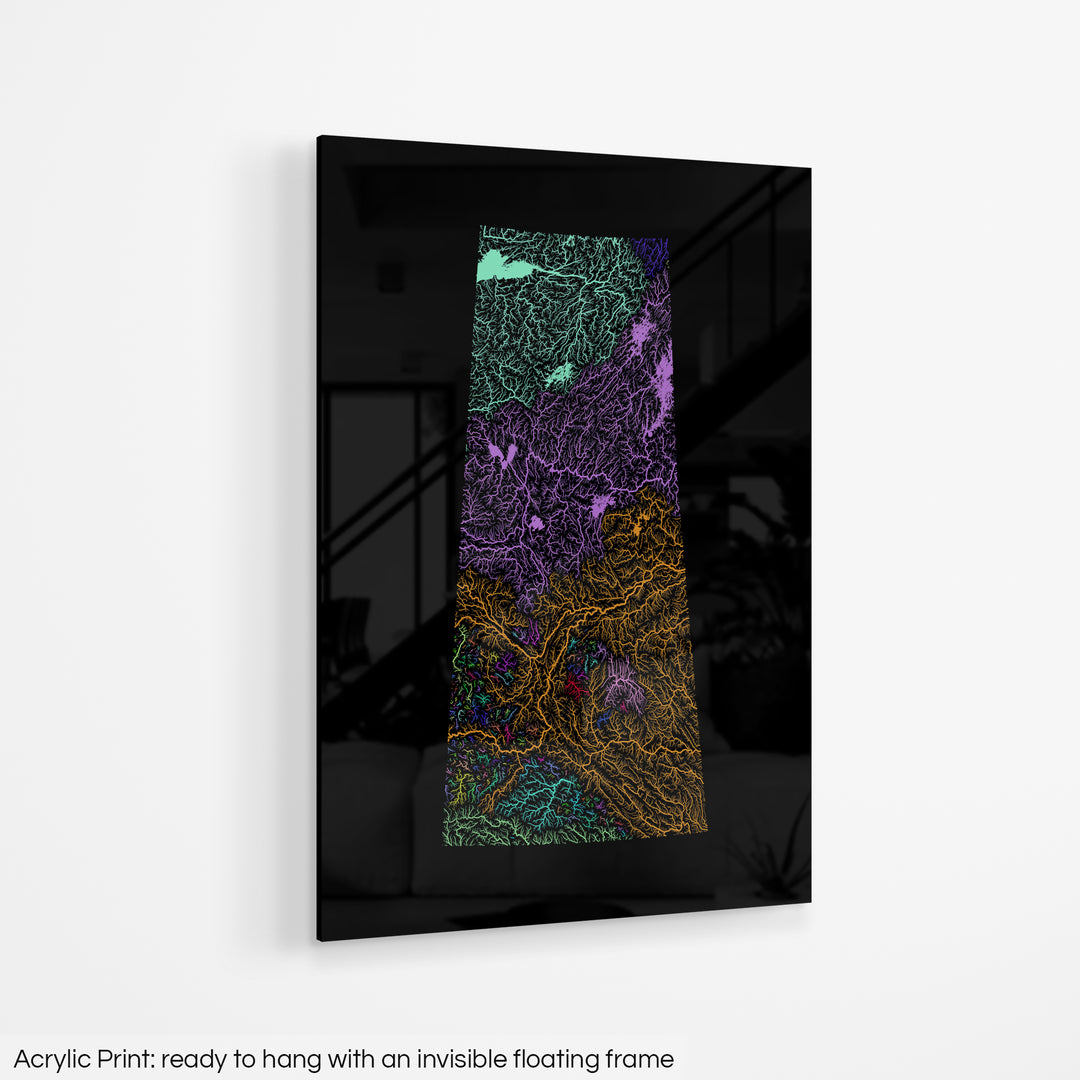 Saskatchewan - River basin map, rainbow colours - Wall Art