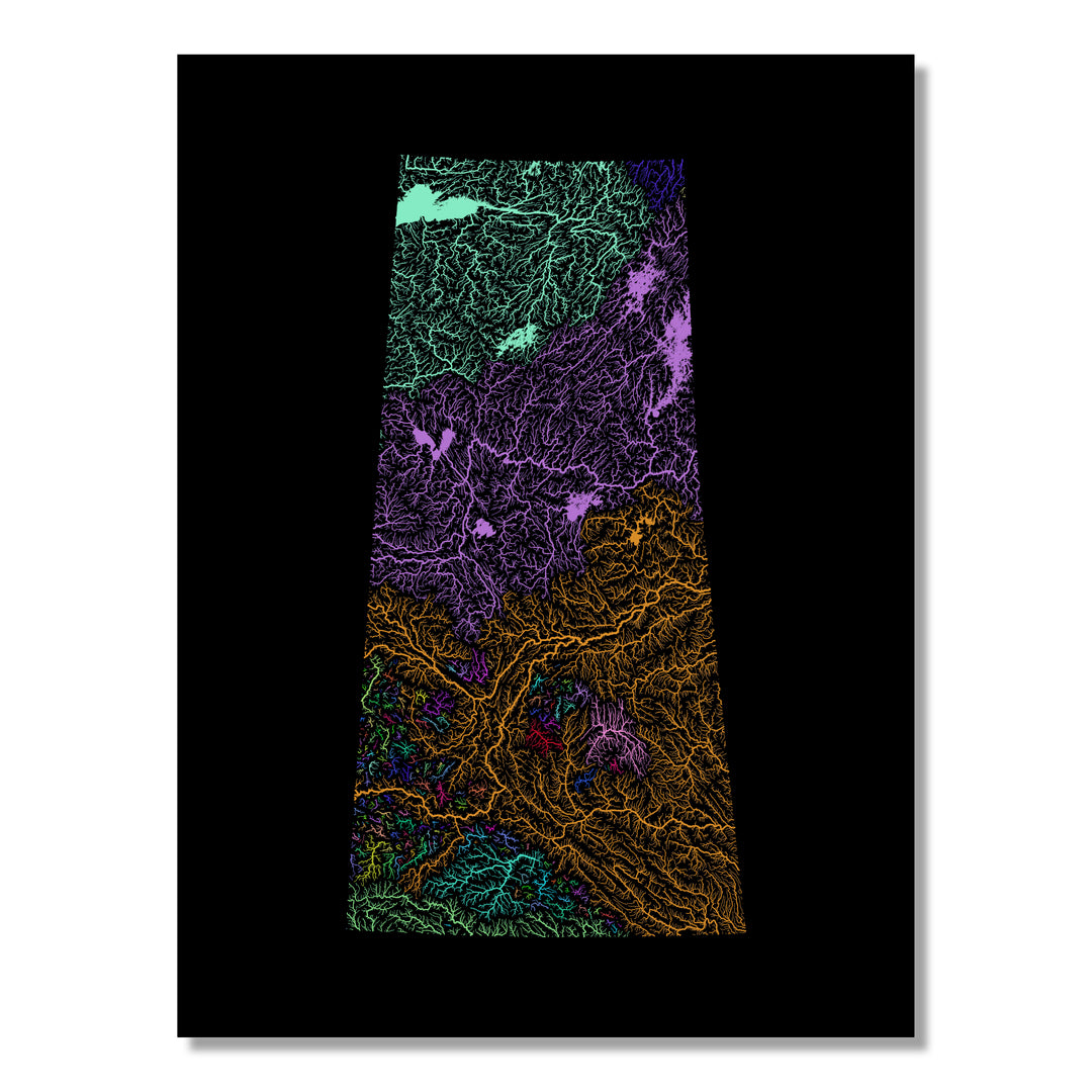 Saskatchewan - River basin map, rainbow colours - Wall Art