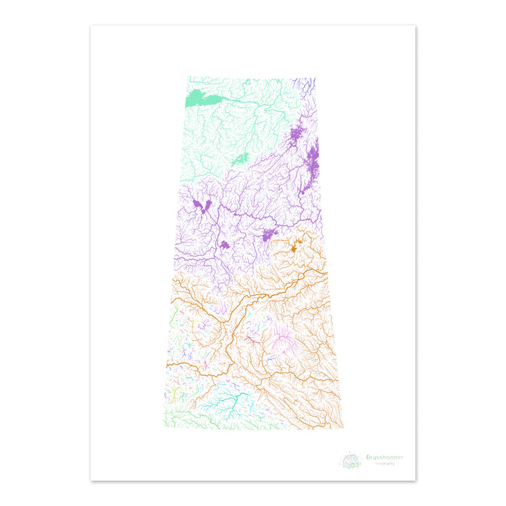Saskatchewan - Mapa de la cuenca del río, arco iris sobre blanco - Impresión de Bellas Artes