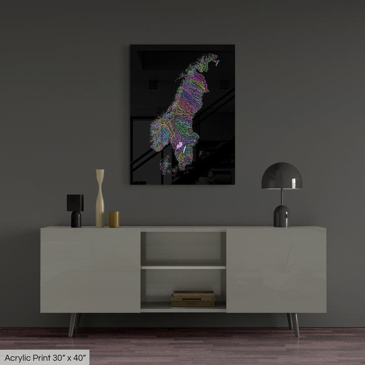 Scandinavia - River basin map, pastel colours - Wall Art
