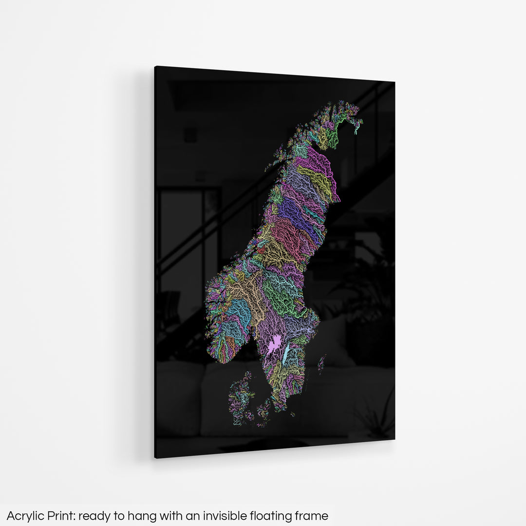 Scandinavia - River basin map, pastel colours - Wall Art