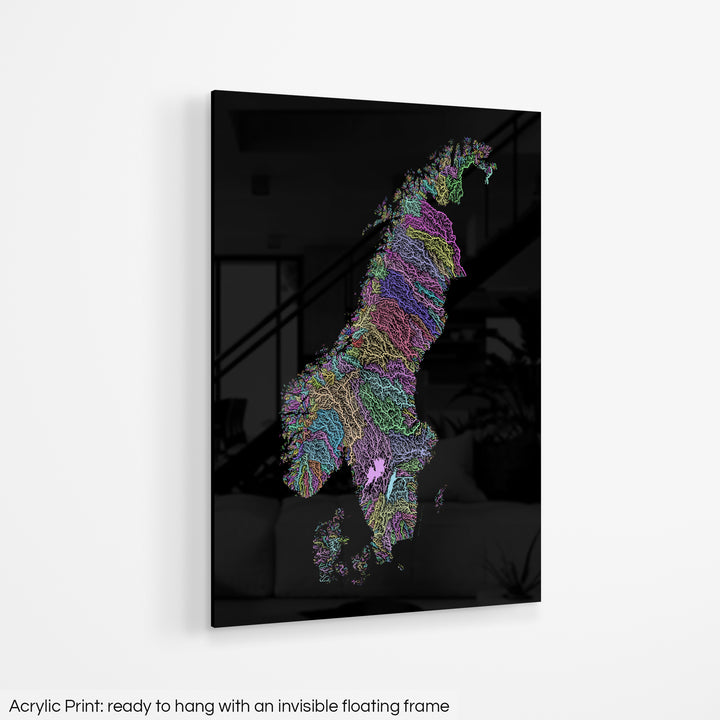 Scandinavia - River basin map, pastel colours - Wall Art