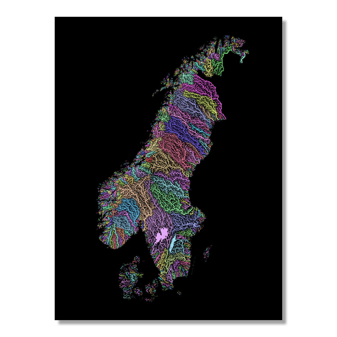 Scandinavia - River basin map, pastel colours - Wall Art