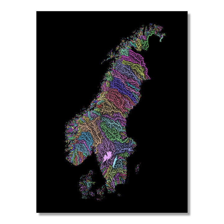 Scandinavia - River basin map, pastel colours - Wall Art