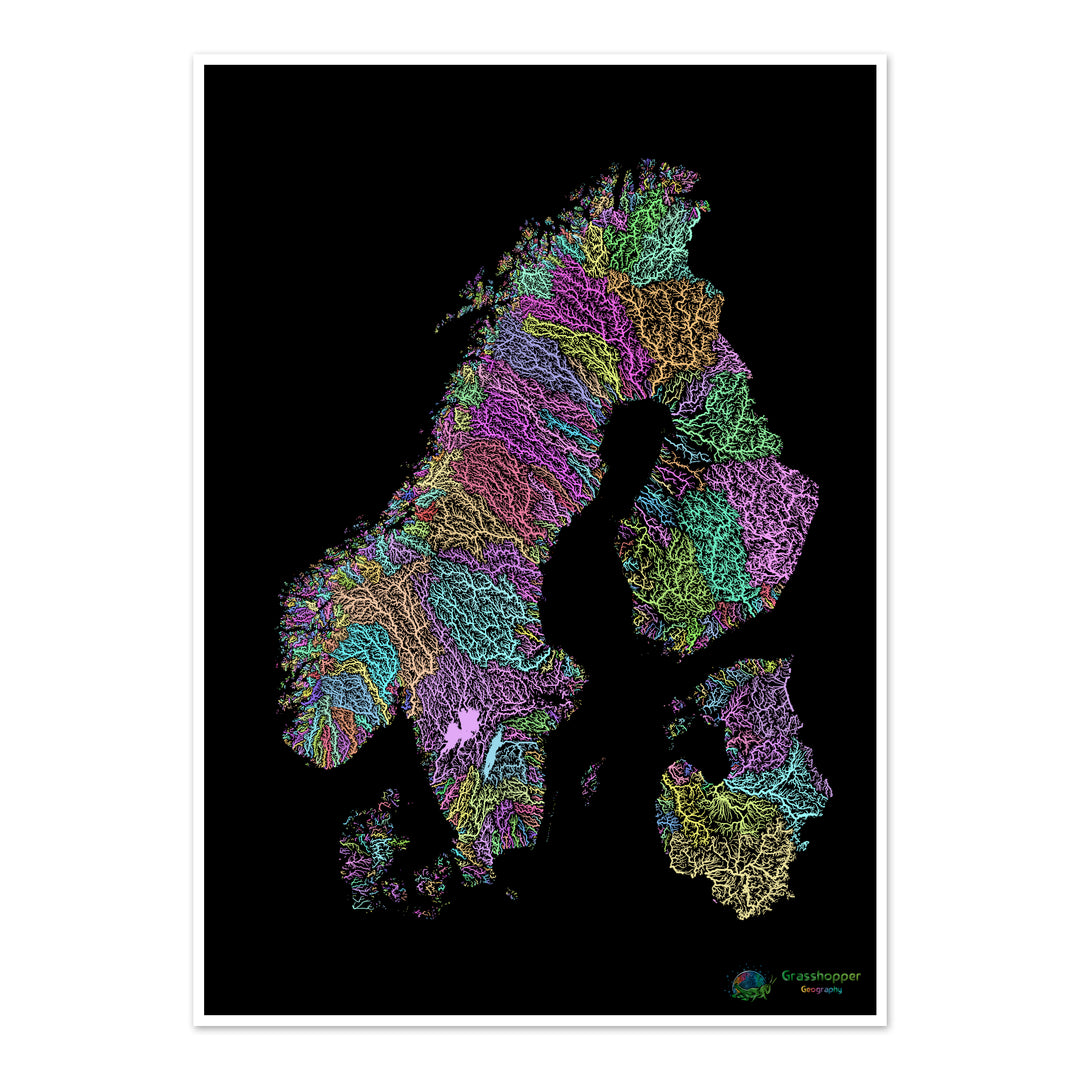 Scandinavie - Carte des bassins fluviaux, pastel sur noir - Fine Art Print