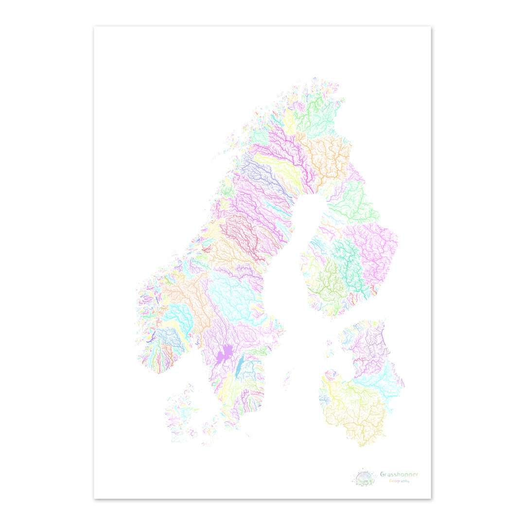 River basin map of Scandinavia, pastel colours on white - Fine Art Print