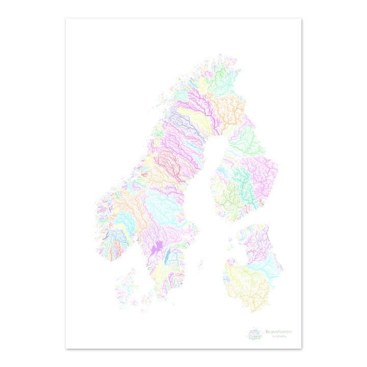 Scandinavie - Carte des bassins fluviaux, pastel sur blanc - Fine Art Print