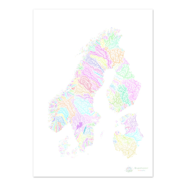 Escandinávia - Mapa da bacia hidrográfica, pastel sobre branco - Impressão de belas artes