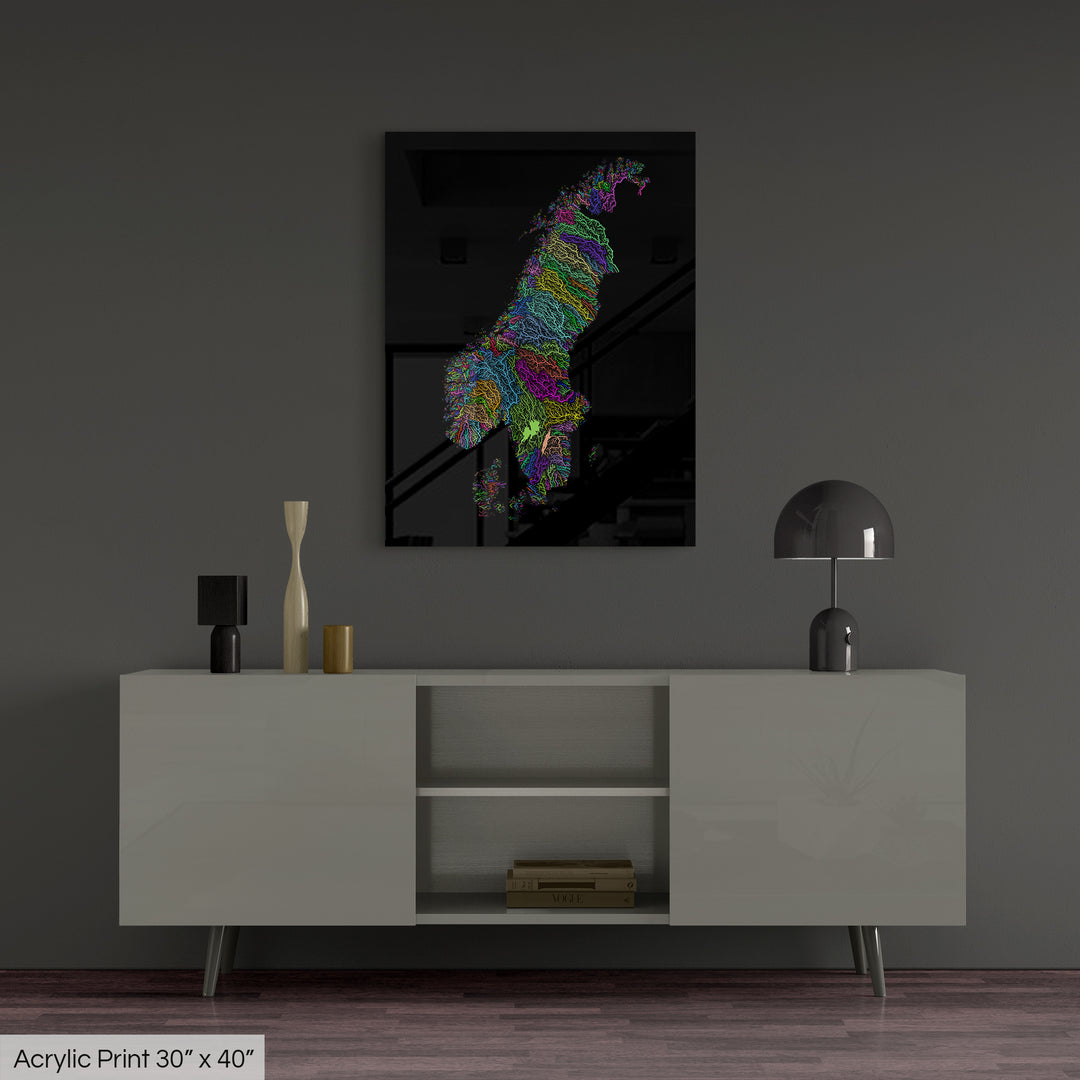 Scandinavia - River basin map, rainbow colours - Wall Art