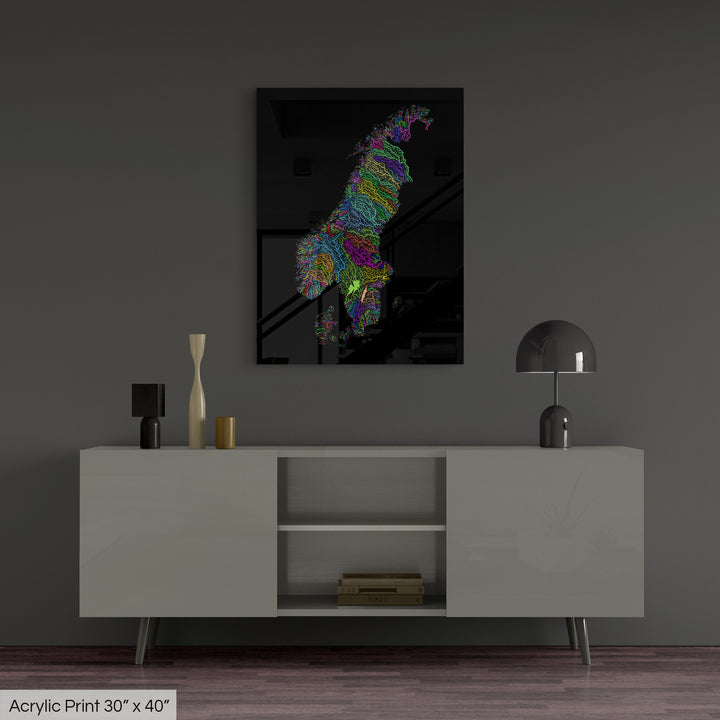 Scandinavia - River basin map, rainbow colours - Wall Art