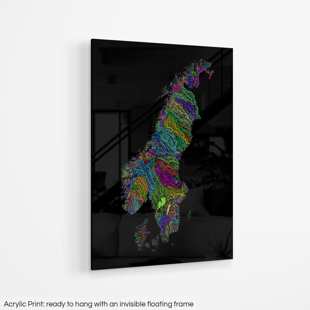 Scandinavia - River basin map, rainbow colours - Wall Art