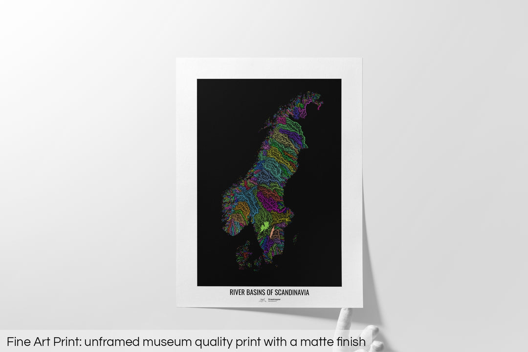 Scandinavia - River basin map, rainbow colours - Wall Art