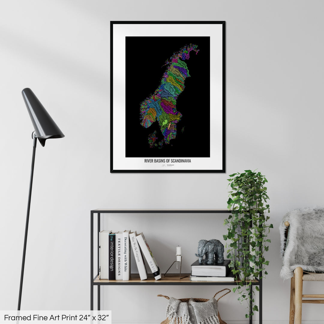 Scandinavia - River basin map, rainbow colours - Wall Art