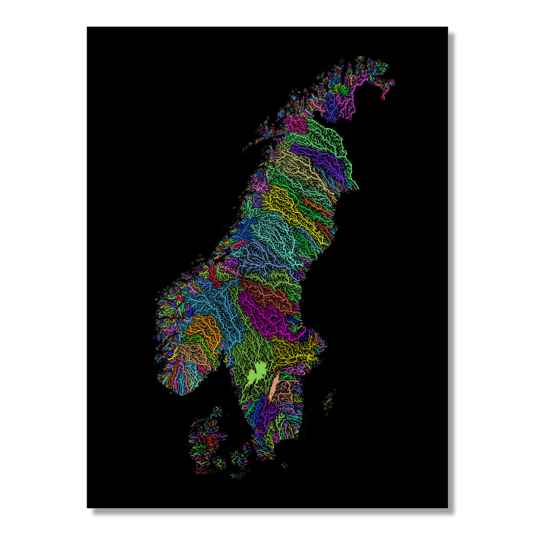 Scandinavia - River basin map, rainbow colours - Wall Art