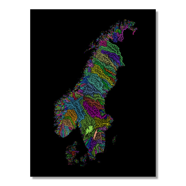 Scandinavia - River basin map, rainbow colours - Wall Art