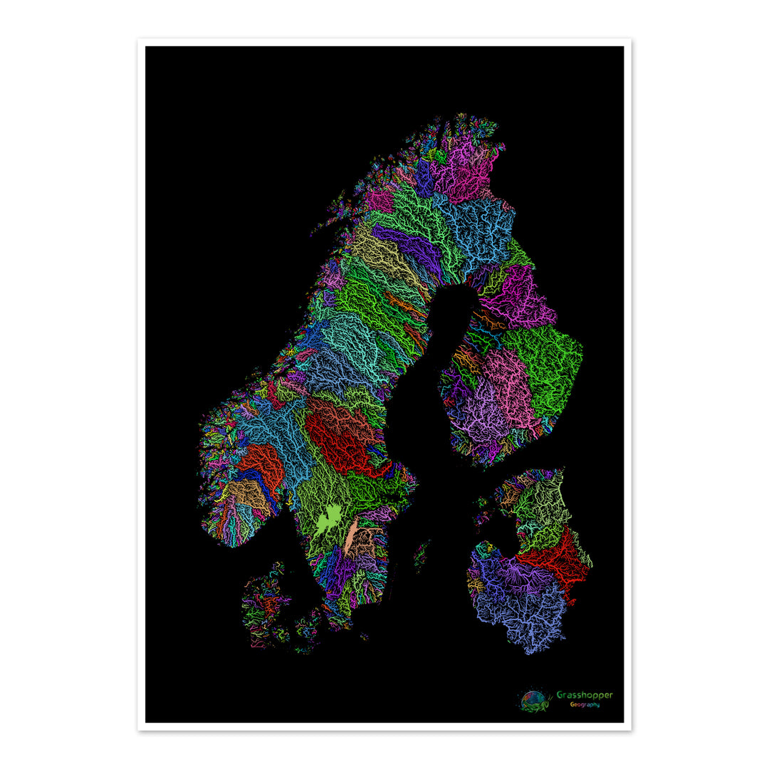 Escandinavia - Mapa de cuencas fluviales, arco iris sobre negro - Impresión de Bellas Artes