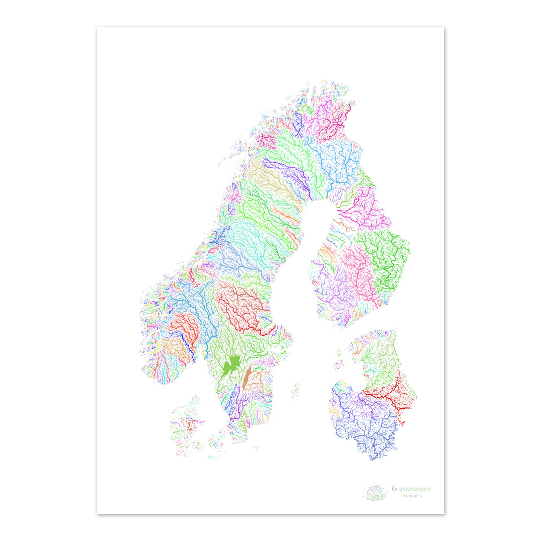 Escandinavia - Mapa de la cuenca fluvial, arco iris sobre blanco - Impresión de Bellas Artes