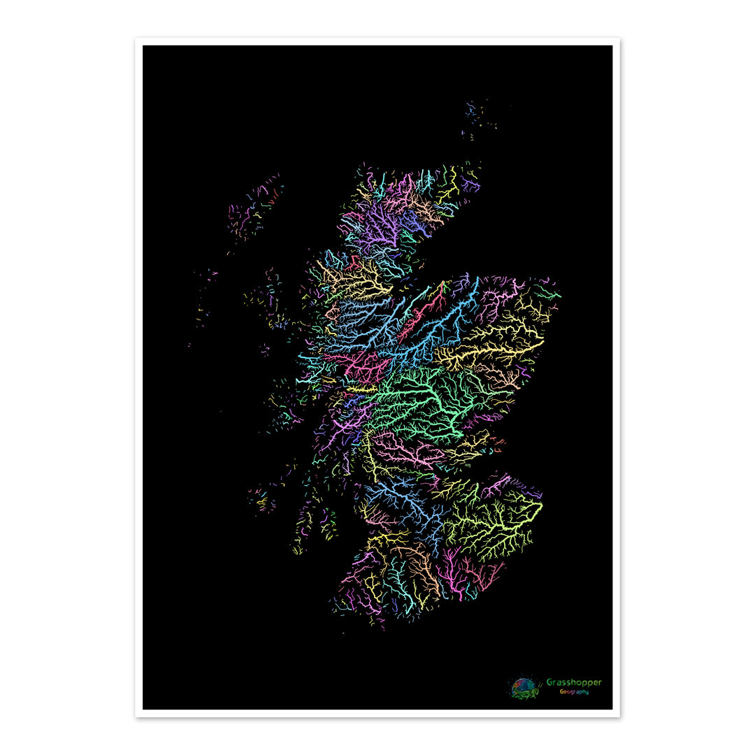 River basin map of Scotland, pastel colours on black - Fine Art Print