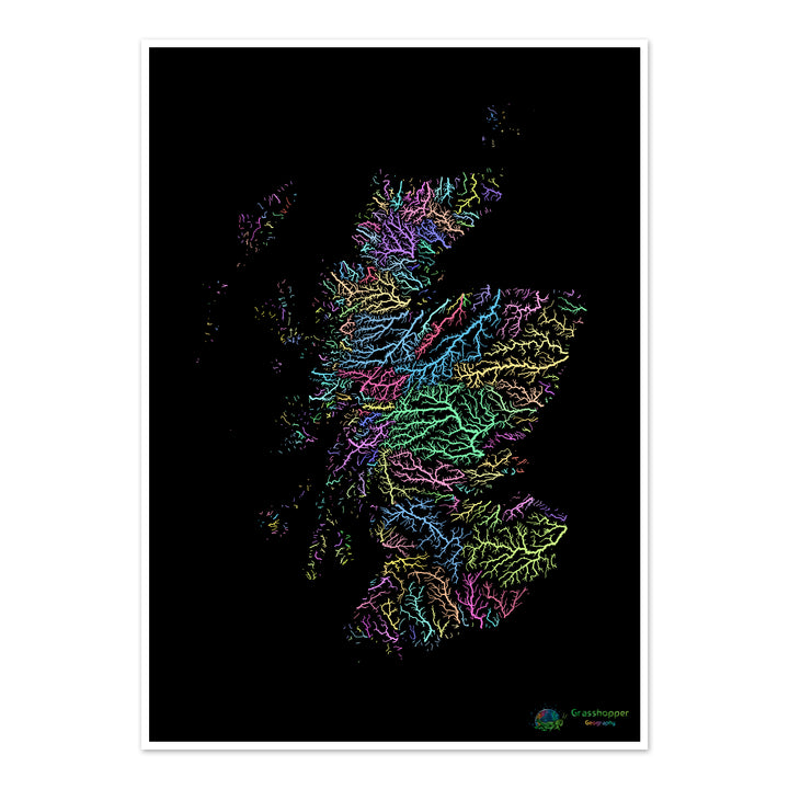 Escocia - Mapa de la cuenca fluvial, pastel sobre negro - Impresión de bellas artes