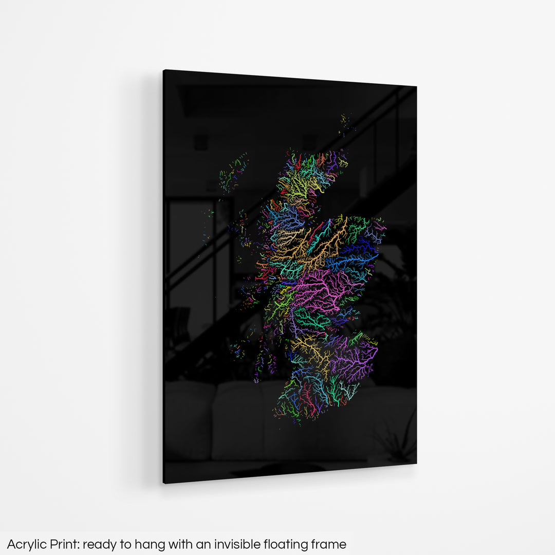 Scotland - River basin map, rainbow colours - Wall Art